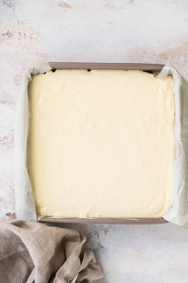 overhead view of Limoncello Cheesecake Squares ready for the oven