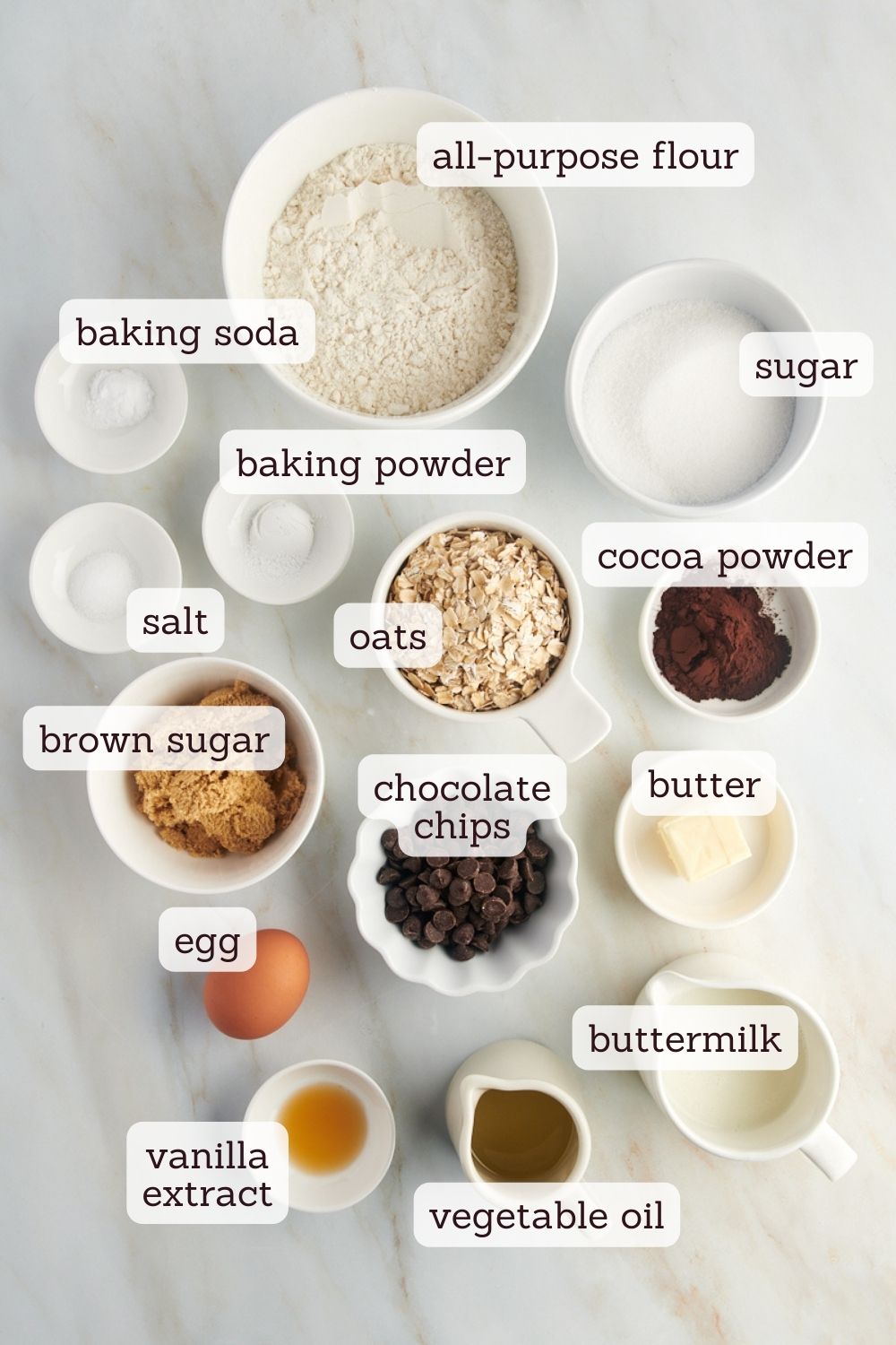 Overhead view of ingredients for oatmeal chocolate chip muffins