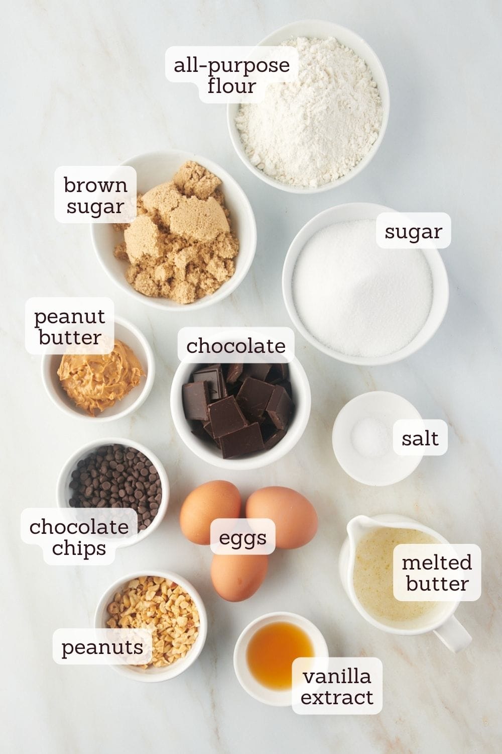 Overhead view of ingredients for peanut butter swirl brownies