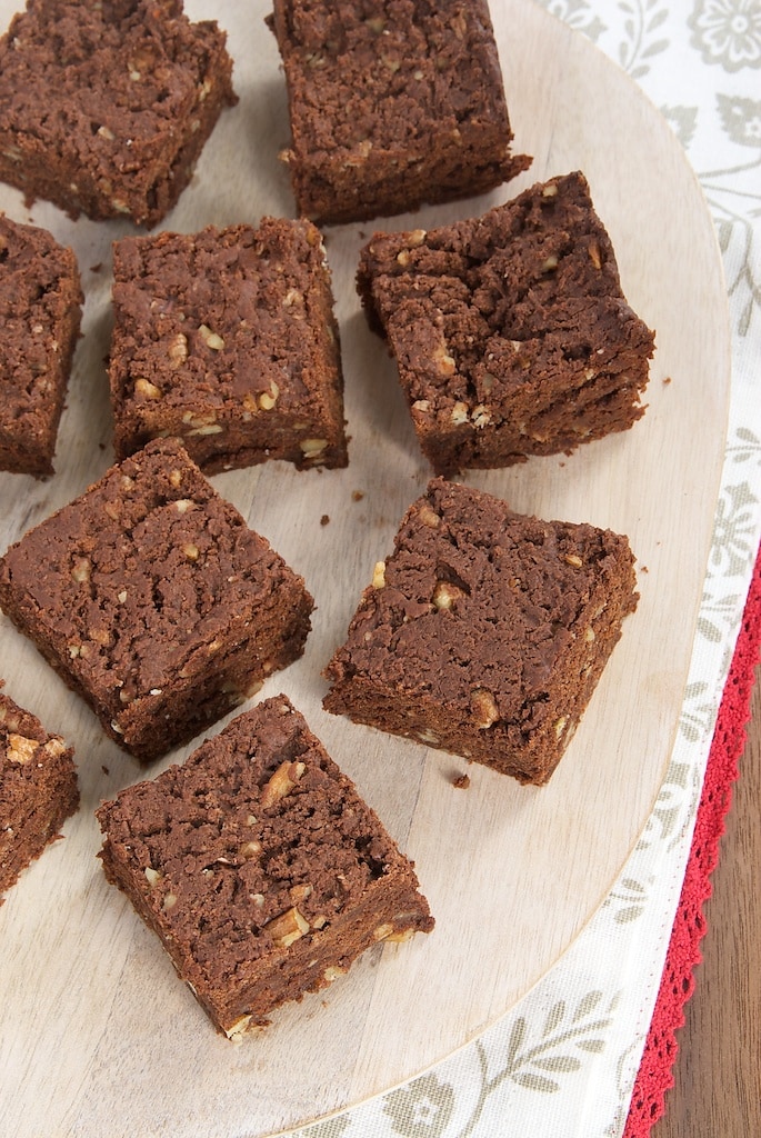 Chewy Graham Brownies on a pale wooden tray