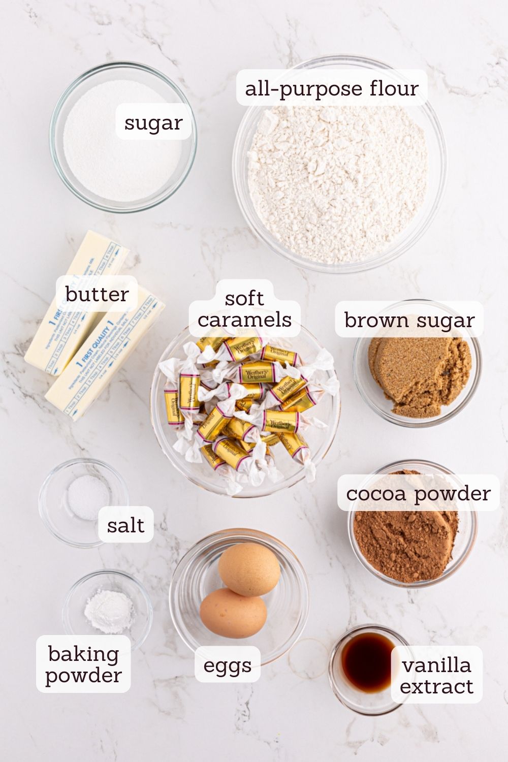 Overhead view of ingredients for chocolate caramel cookies