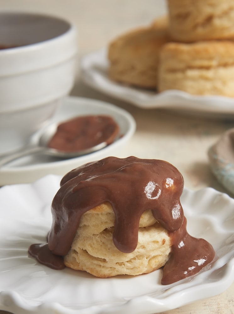 Cream Cheese Biscuits and Chocolate Gravy on a white plate