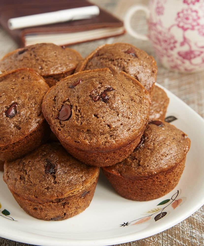 Chocolate Chocolate Chip Muffins piled on a white tray