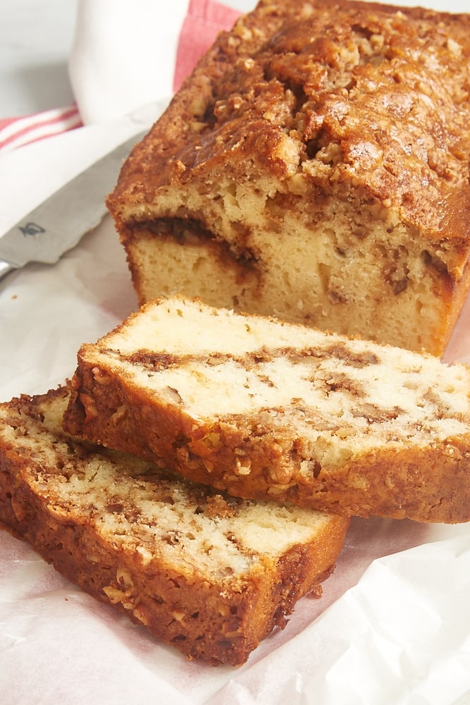 sliced Cinnamon Swirl Bread on parchment paper