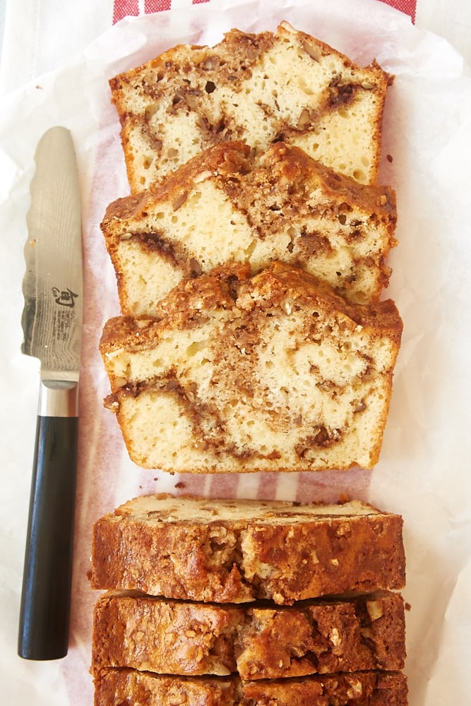 slices of Cinnamon Swirl Bread on white parchment paper