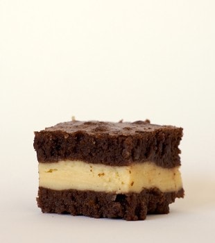 An Irish Cream Brownie on a white surface.