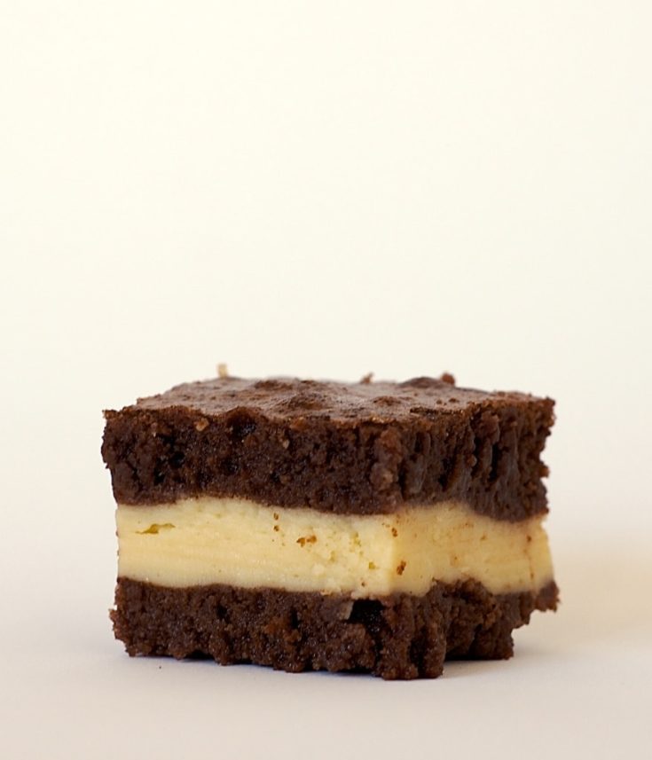 An Irish Cream Brownie on a white surface.
