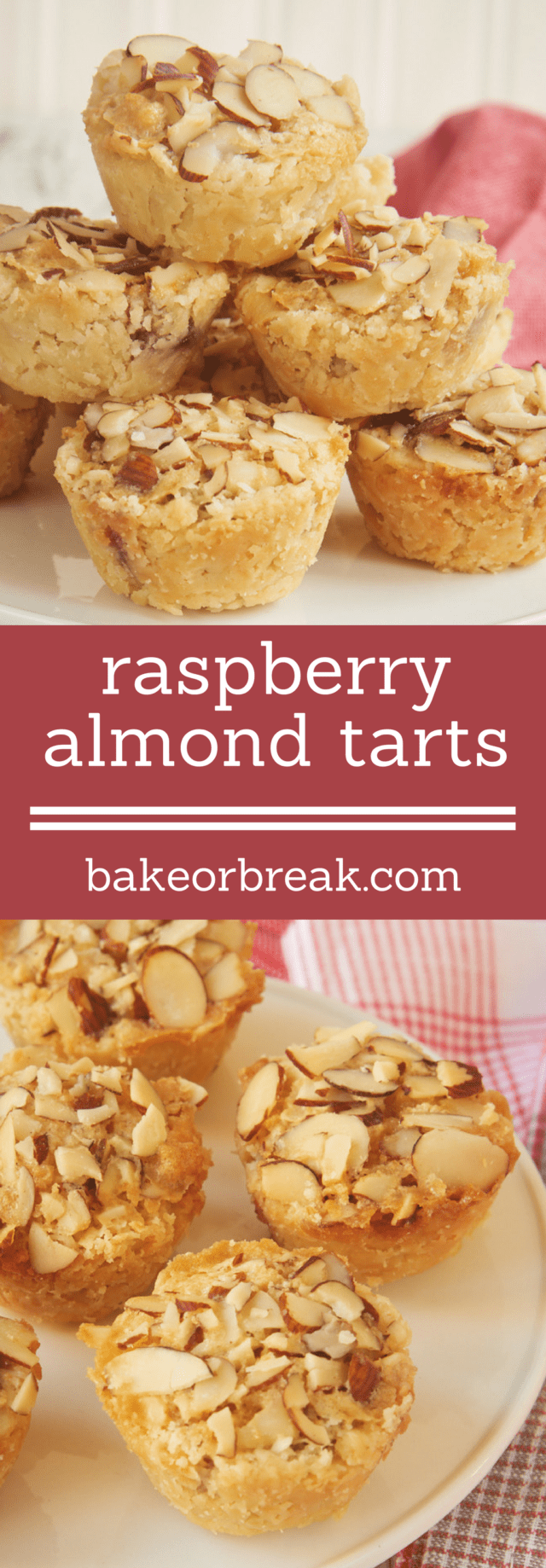 Raspberry almond tarts made with chopped almonds and raspberry preserves.