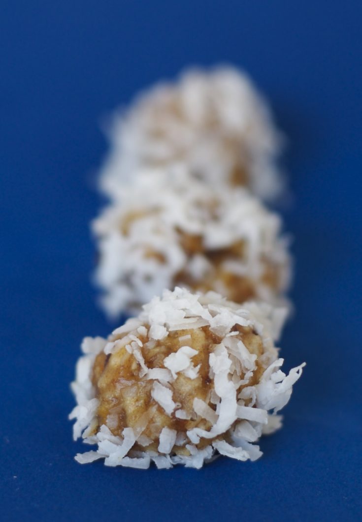 Rice Krispie date balls rolled in coconut shavings, arranged in a row.