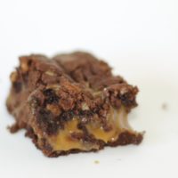 A decadent chocolate brownie with gooey caramel inside.