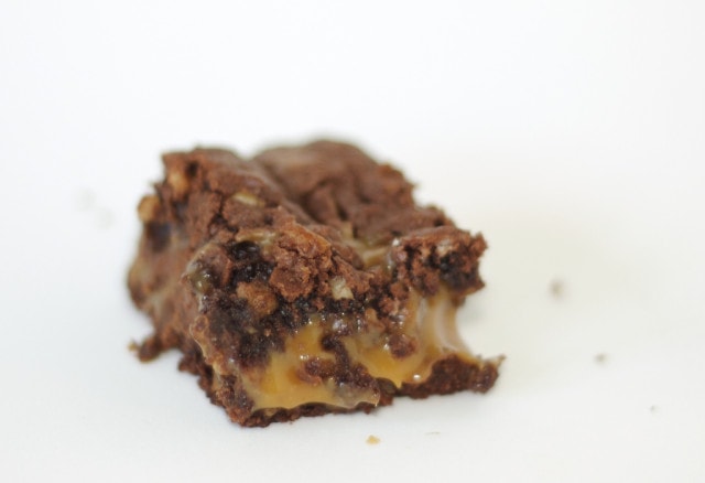 A decadent chocolate brownie with gooey caramel inside.