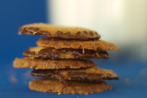 A stack of pecan shortbread cookies rimmed with chocolate, with a glass of milk in the background.