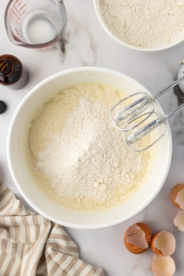 Dry ingredients added to wet ingredients for cake