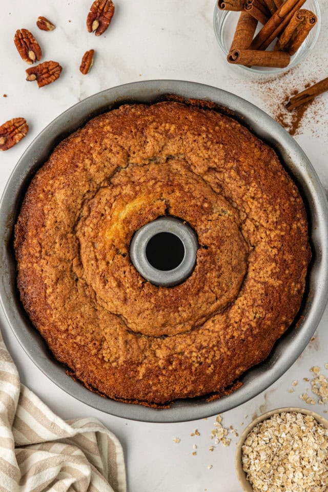 Overhead view of cinnamon crown cake baked in pan