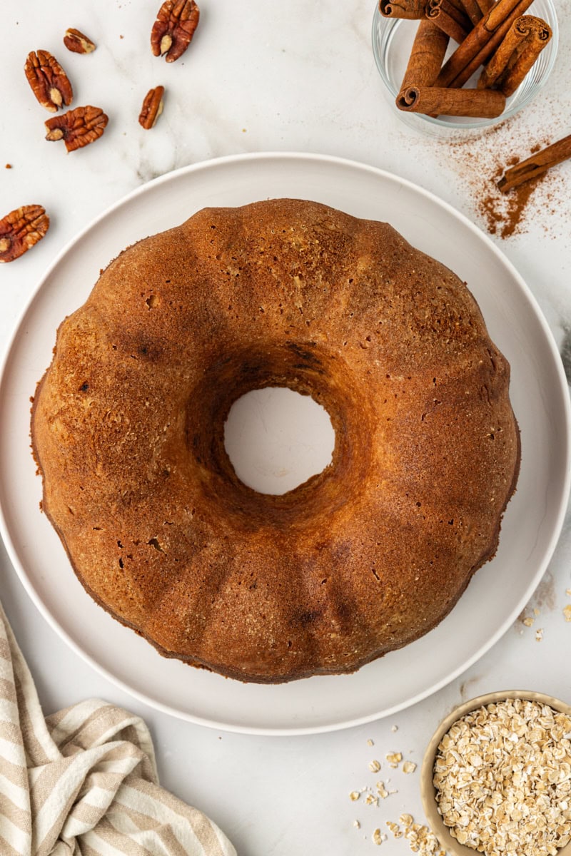 Overhead view of cinnamon crown cake on platter