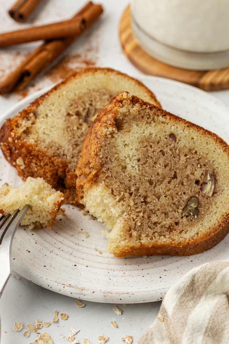 Two slices of cinnamon crown cake on plate