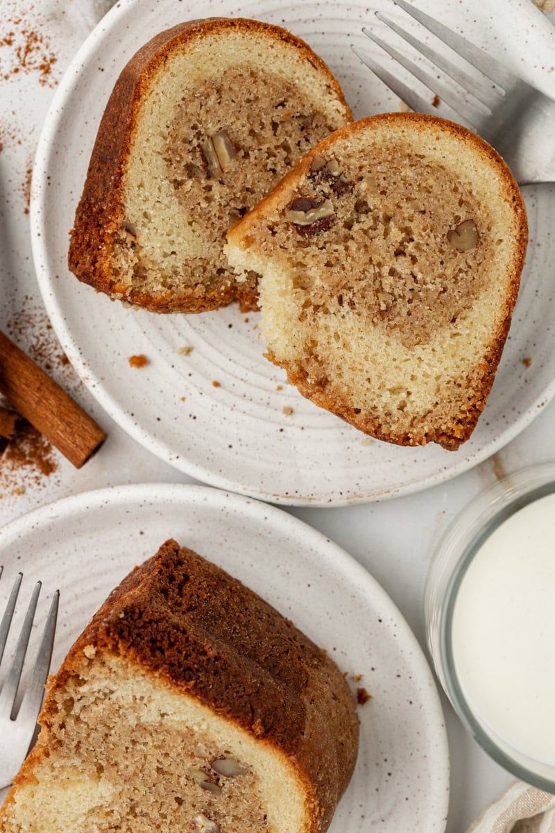 Overhead view of cinnamon crown cake slices on plates