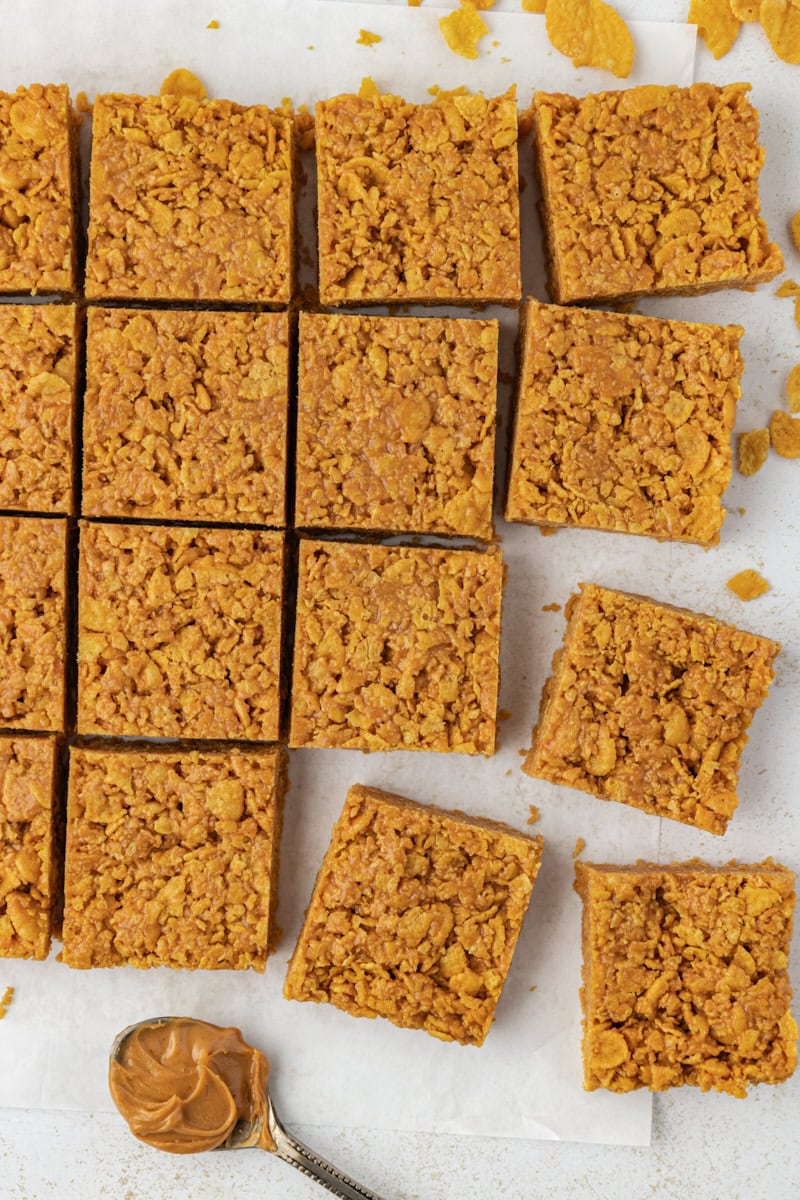 Overhead view of sliced peanut butter cornflake bars