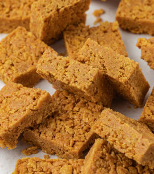 5-ingredient peanut butter cornflake bars on countertop