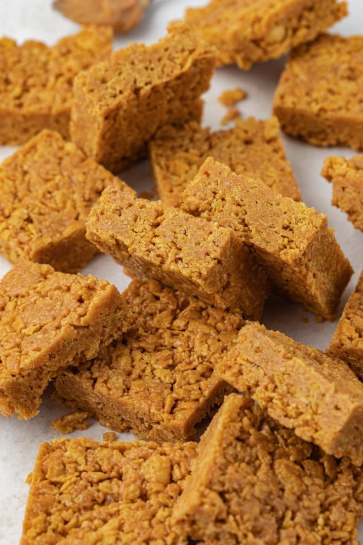 5-ingredient peanut butter cornflake bars on countertop