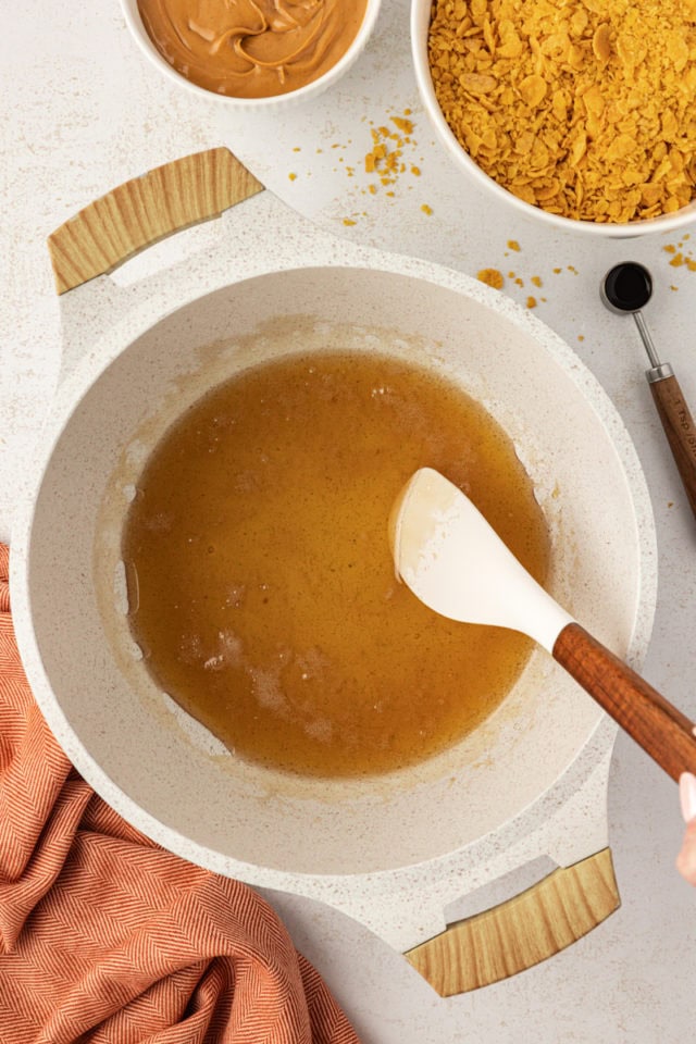 Heated corn syrup and brown sugar mixture in bowl