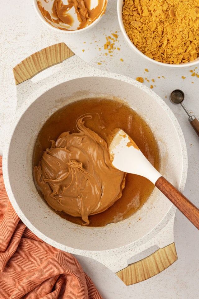 Adding peanut butter to corn syrup and brown sugar