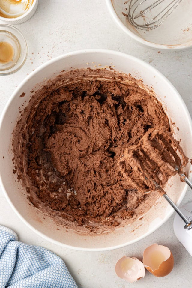 Chocolate cookie dough in mixing bowl