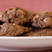 A selection of chocolate macadamia nut clusters on a plate.