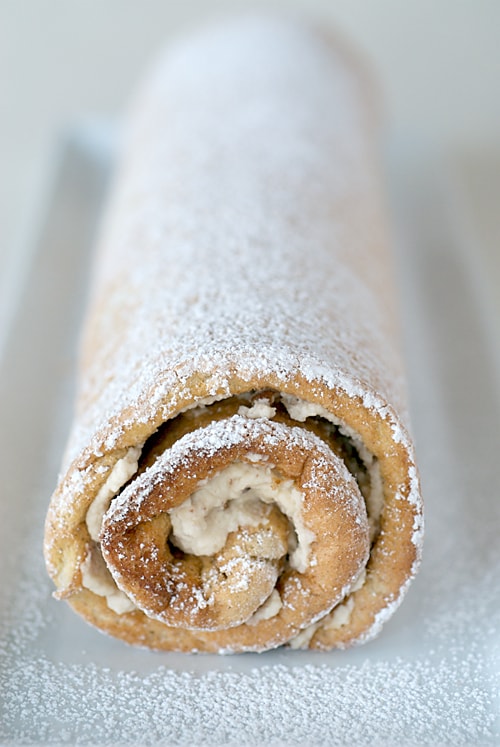 Toasted Pecan Roulade on a long white tray