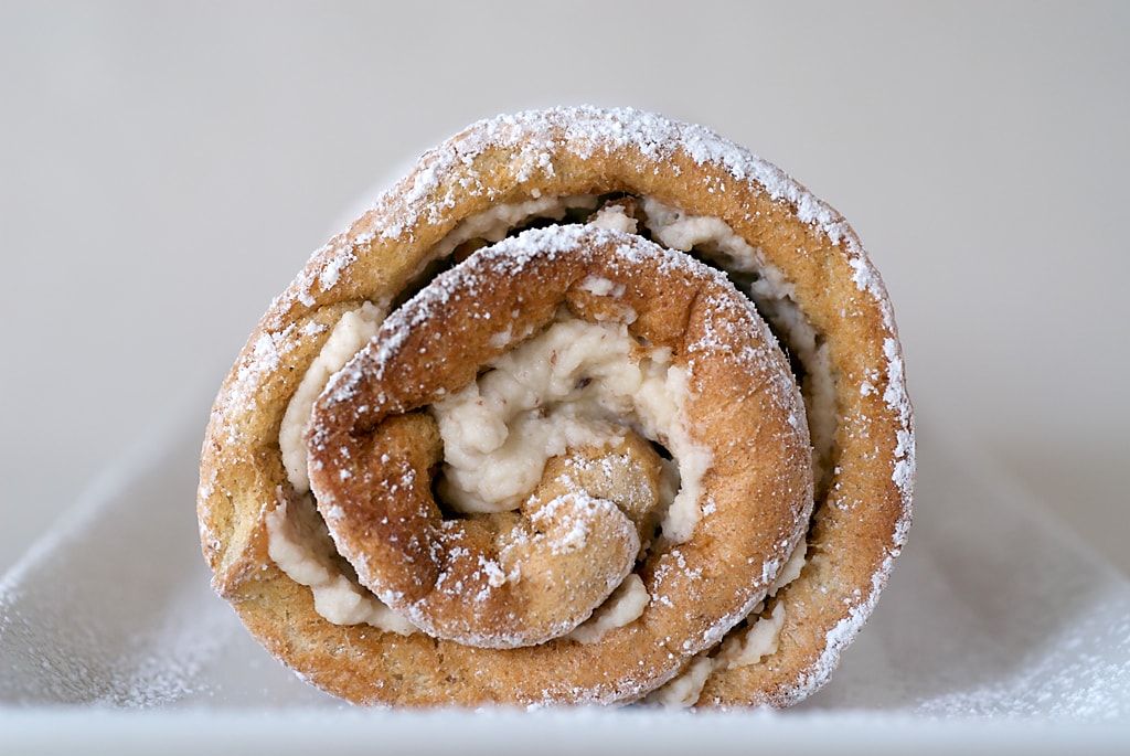 front view of Toasted Pecan Roulade on a white tray