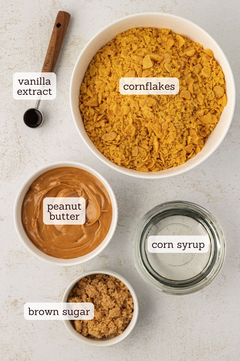 Overhead view of ingredients for peanut butter cornflake bars