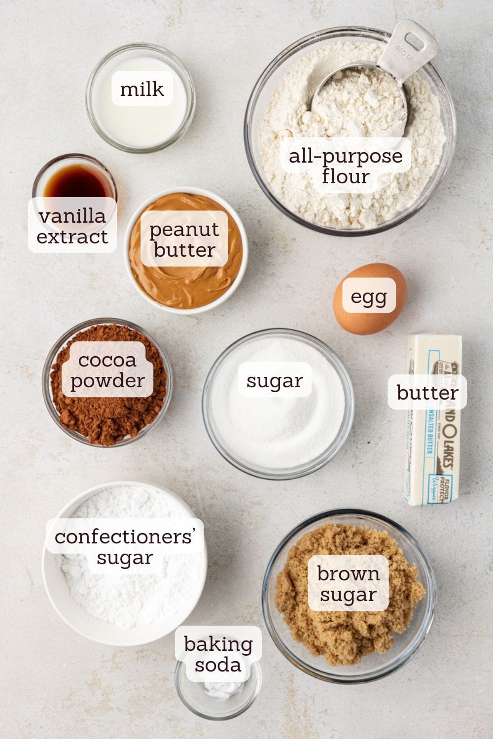 Overhead view of ingredients for peanut butter-filled chocolate cookies