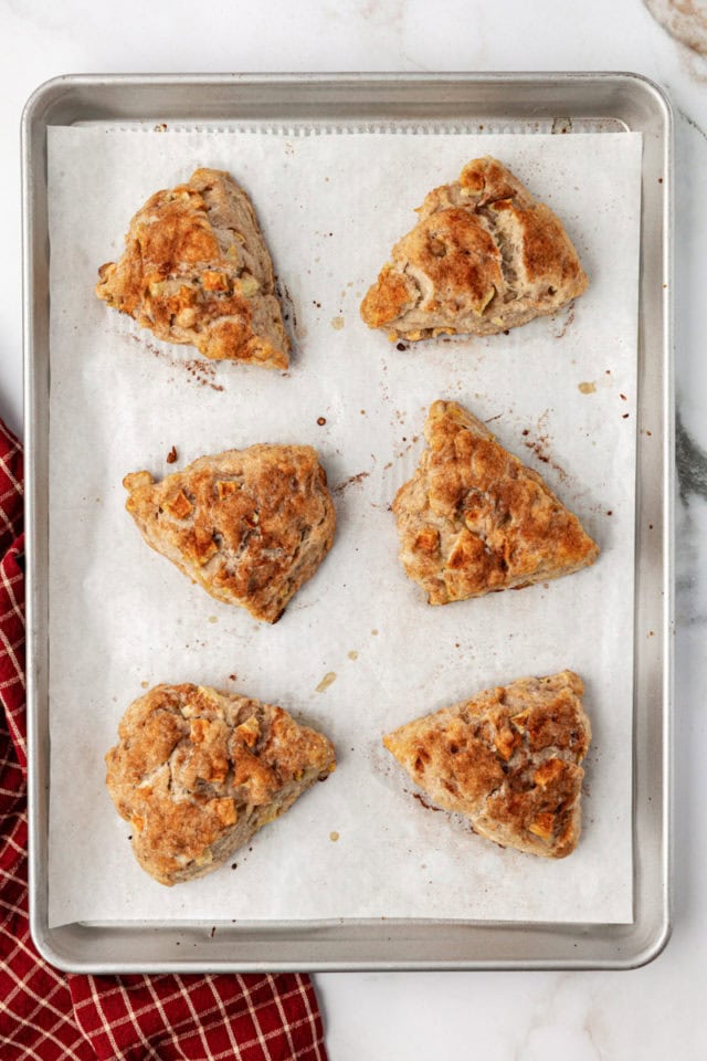 Overhead view of apple cinnamon scones on parchment-lined sheet pan