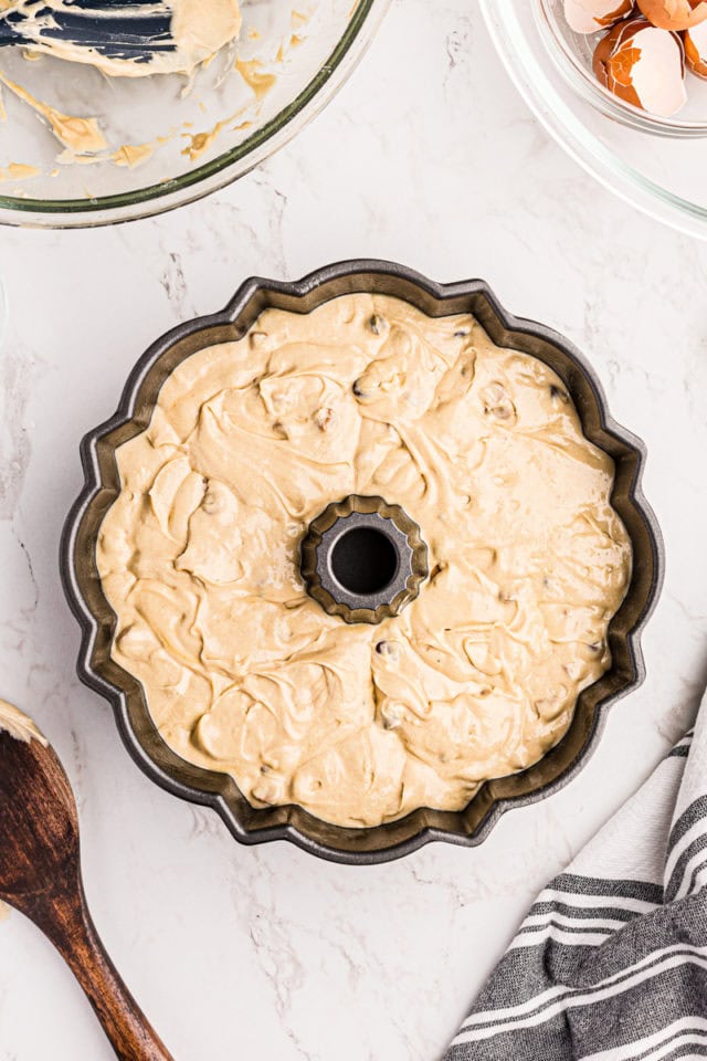 Overhead view of peanut butter pound cake before baking