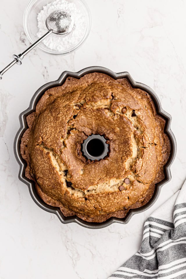 Overhead view of peanut butter pound cake in pan