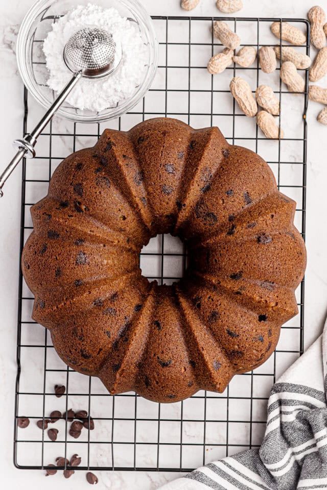 Overhead view of peanut butter pound cake before adding powdered sugar