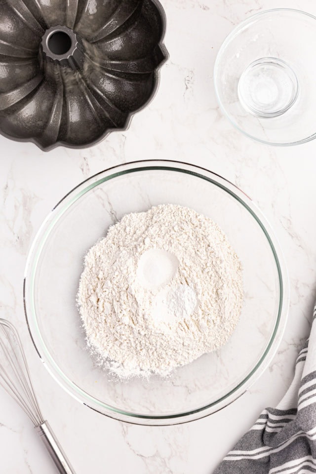 Overhead view of dry ingredients in mixing bowl before whisking