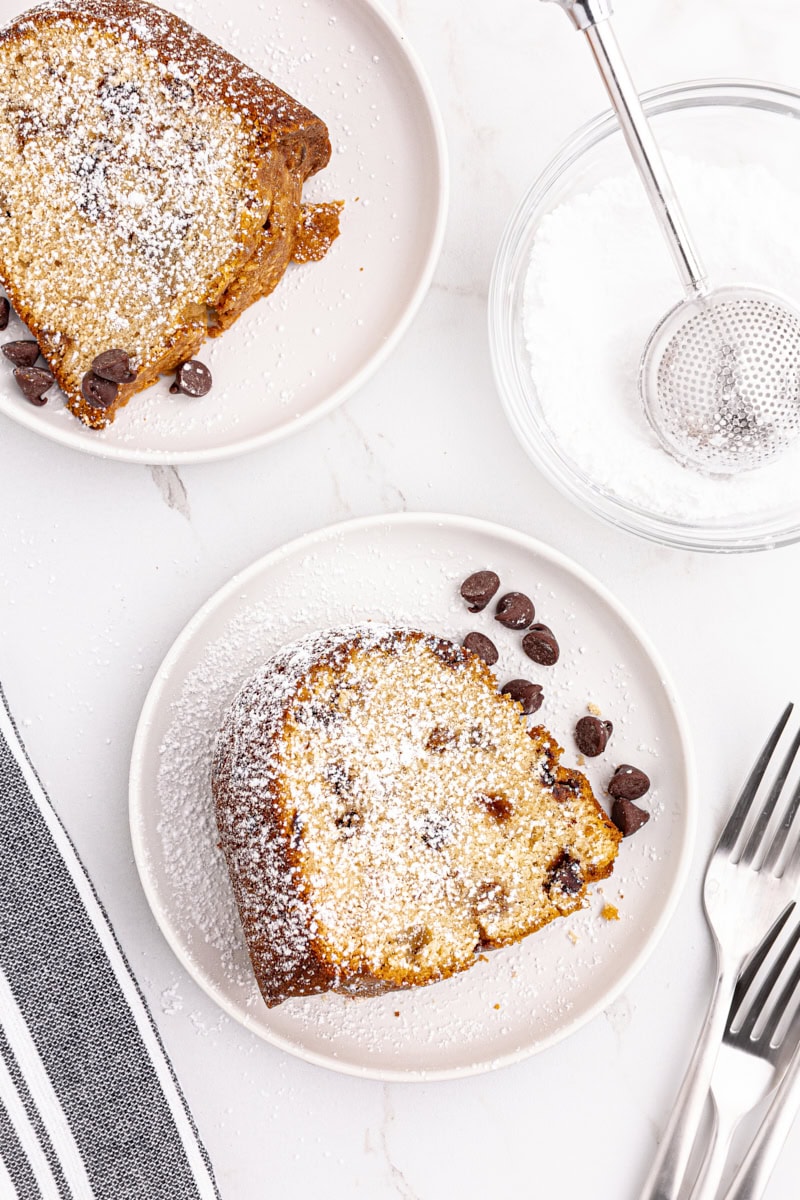 Overhead view of peanut butter pound cake slices on 2 plates