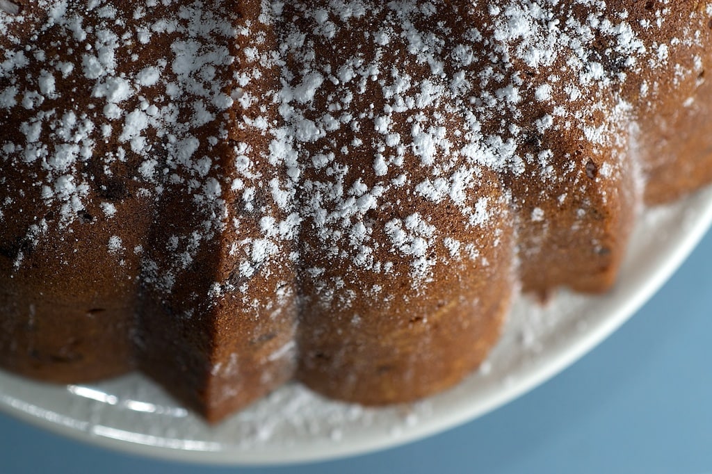 overhead view of Peanut Butter Pound Cake on a white cake stand