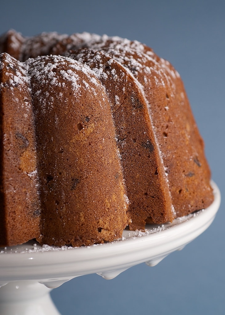 Peanut Butter Pound Cake on a white cake stand