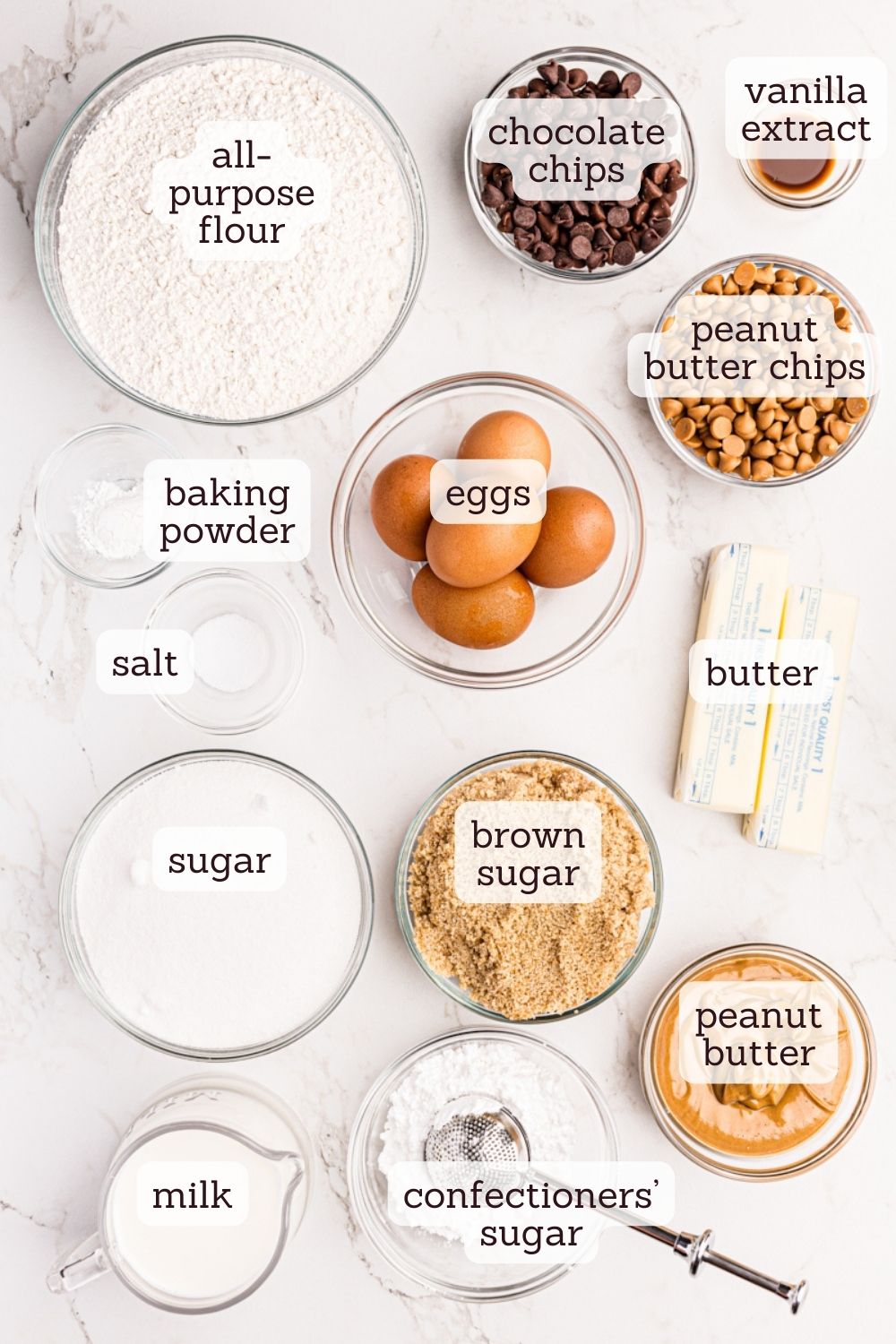 Overhead view of ingredients for peanut butter pound cake