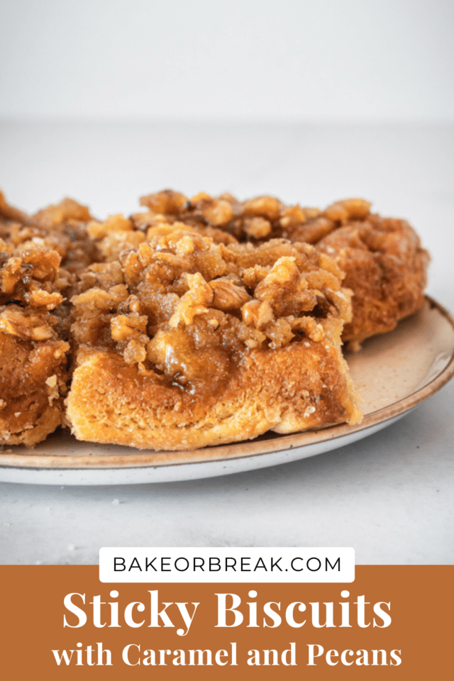 Sticky Biscuits with Caramel and Pecans on a plate.
