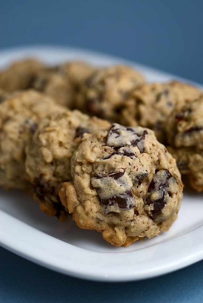 Dark Chocolate Chunk and Dried Cherry Oatmeal Cookies on a white plate