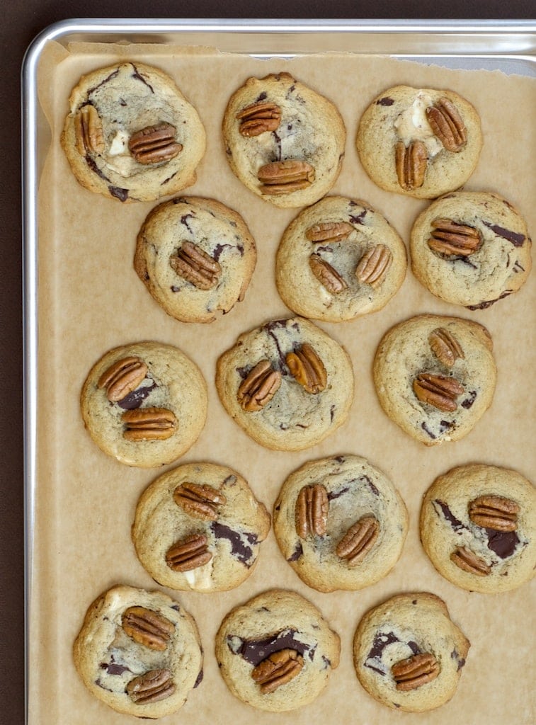 Triple Chocolate Pecan Cookies on a baking pan