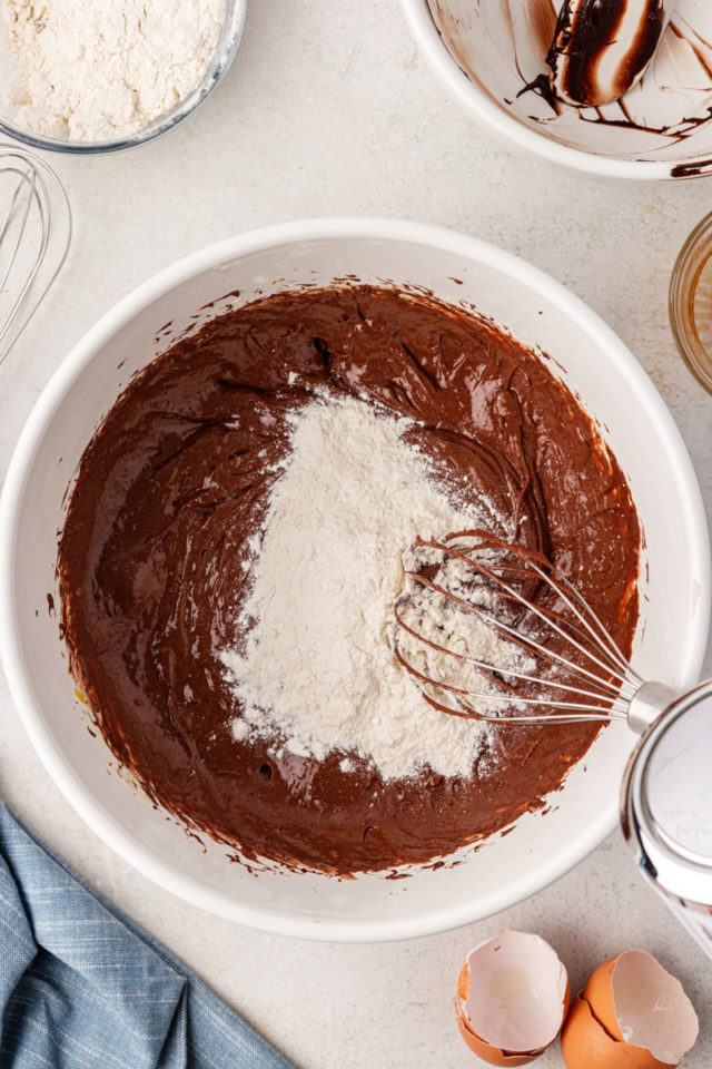 Dry ingredients added to wet ingredients for double chocolate brownies