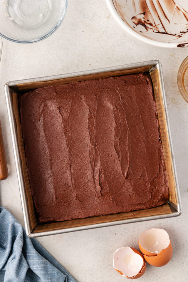 Overhead view of batter for double chocolate brownies in pan