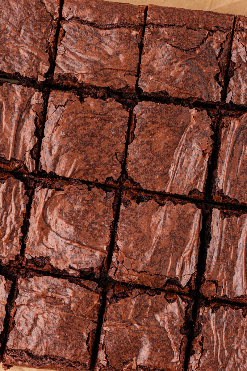 Overhead view of sliced double chocolate brownies