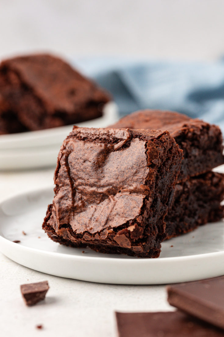 3 double chocolate brownies on plate