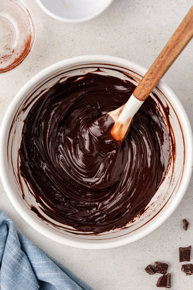 Melted chocolate and butter in mixing bowl