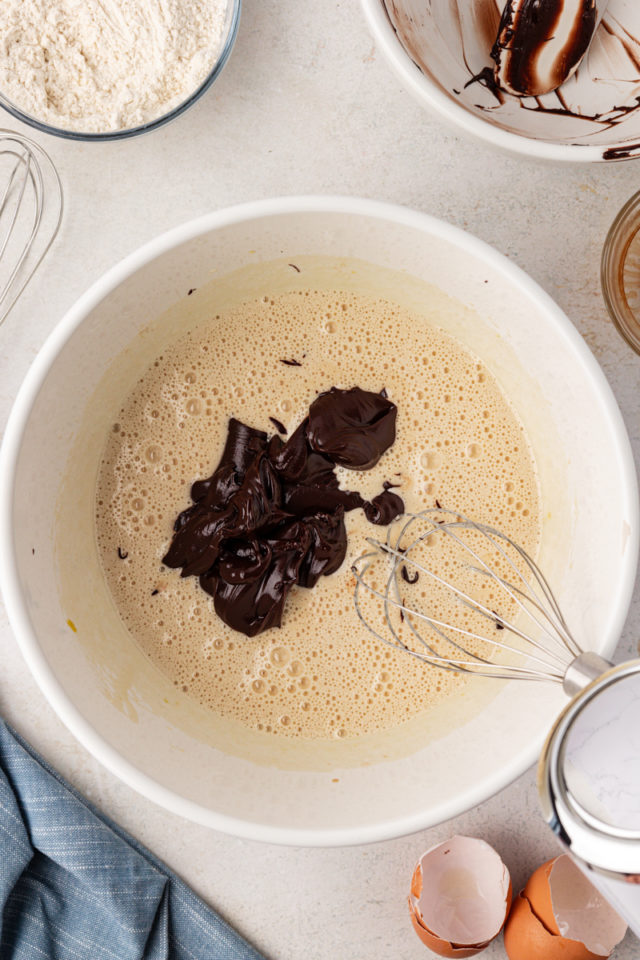 Chocolate mixture added to wet ingredients for double chocolate brownies